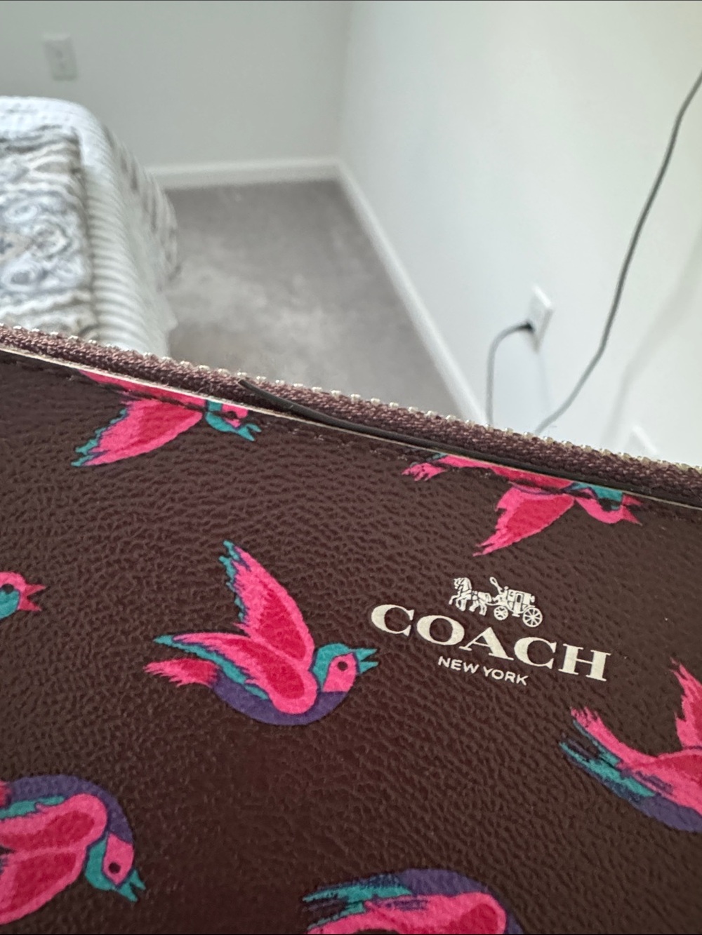 Coach Dark Brown Wallet with Pink and Blue Bird Pattern - Picture 7 of 9